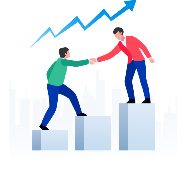 An animation of 3 podiums. On the highest podium, there is a man reaching out to a man that is stepping between the lowest and the middle podium to help him up, this is used to demonstrate 123 Ranking helping clients to improve their SEO rankings. Above them is a symbol representing growth.